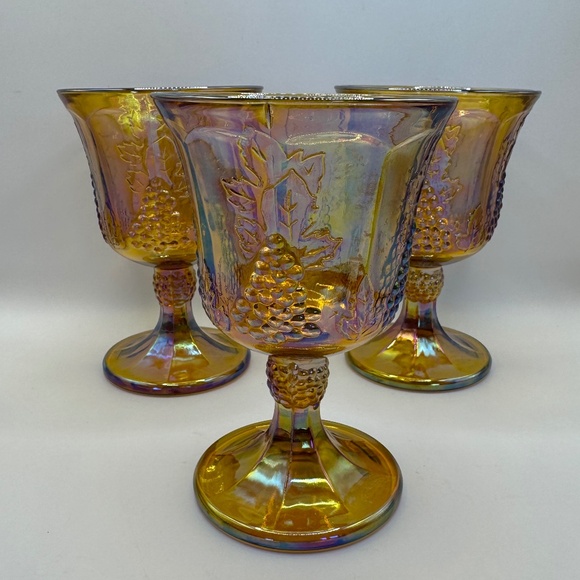 Indiana Glass Marigold Carnival Glass wine glasses. Set of 3 Amber Harvest Grape - Picture 1 of 7